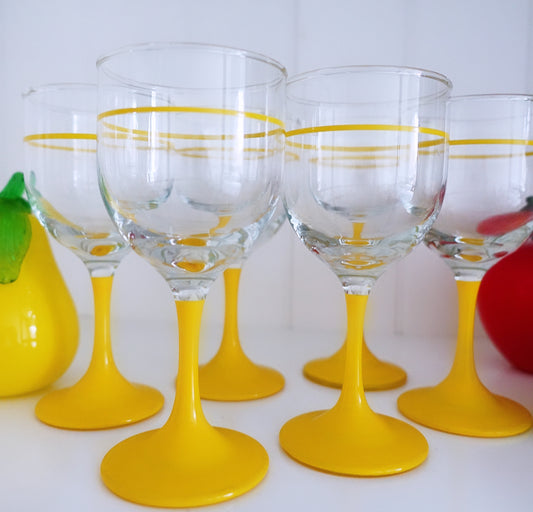 Set of six retro yellow wine glasses