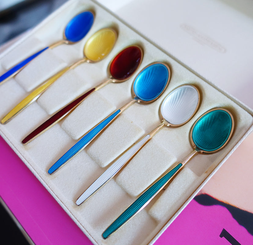 David Andersen Sterling silver gilt & rainbow enamel spoons