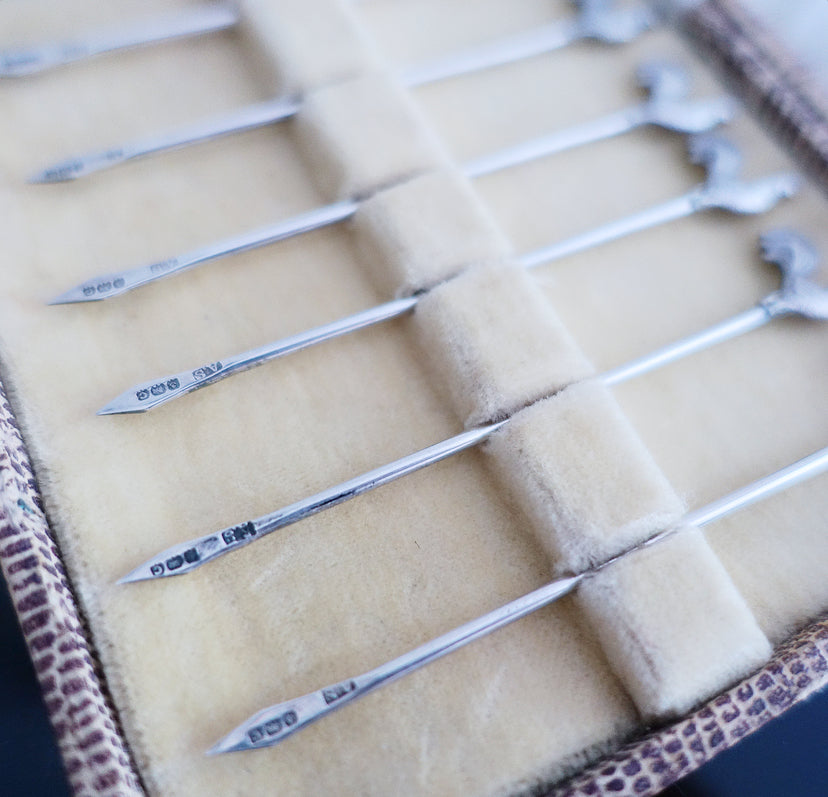 Art Deco silver cockerel cocktail sticks