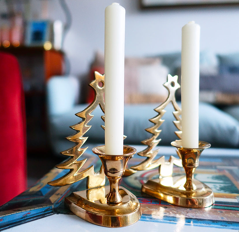 Pair of brass Christmas tree candle holders