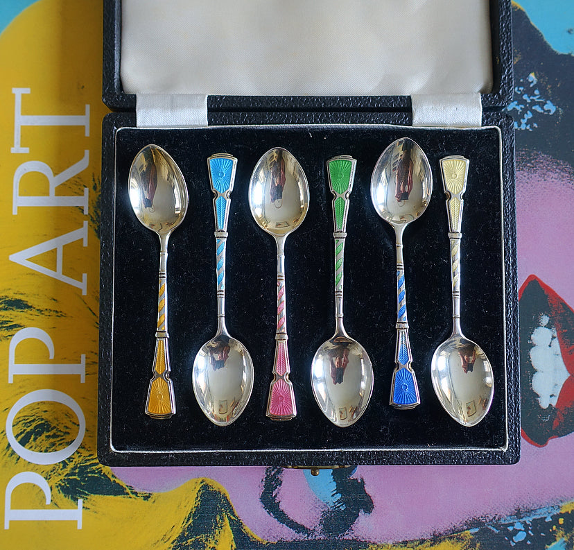 Mid-Century English Silver hallmarked & rainbow enamel spoon set