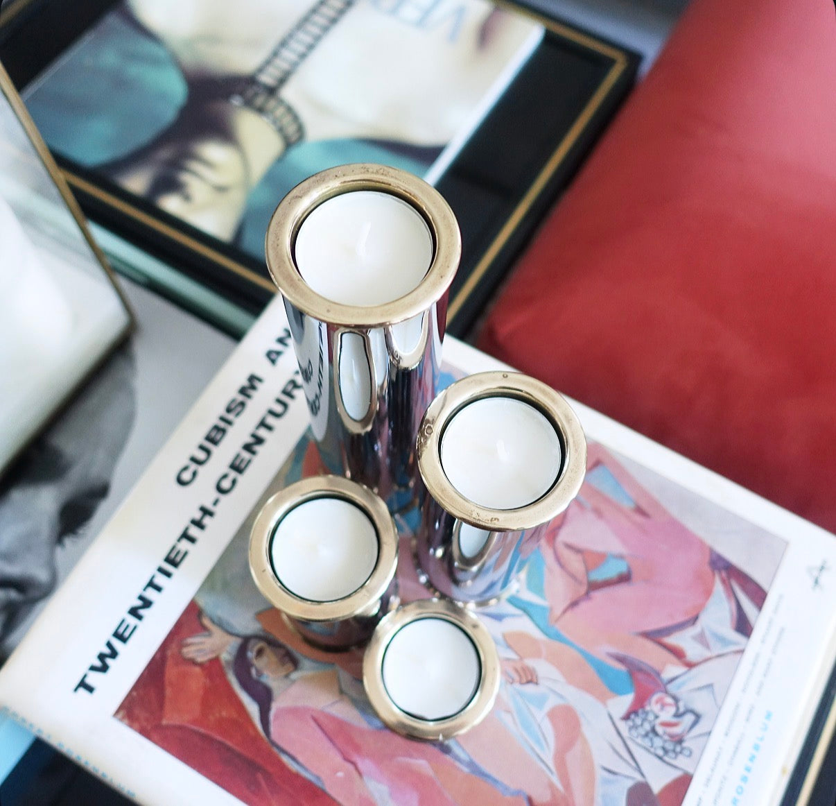 Swedish chrome & brass candle holder set