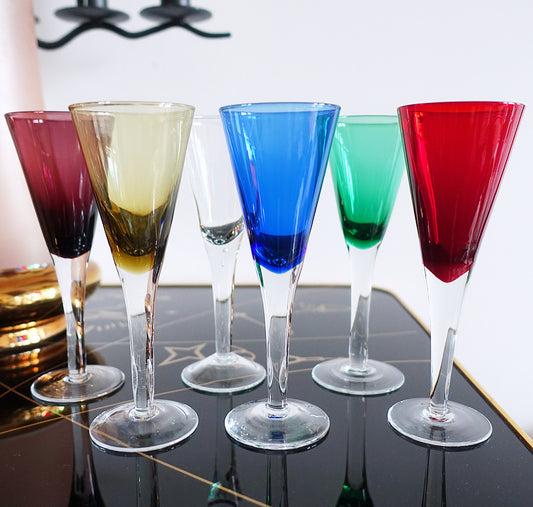 Set of six coloured liqueur glasses