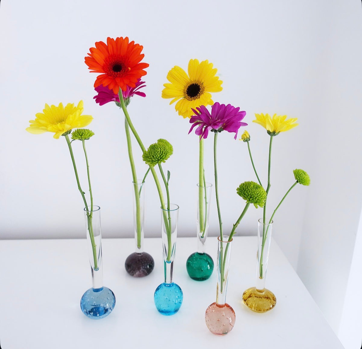 Set of three bubble glass bud vases (green, blue, yellow)