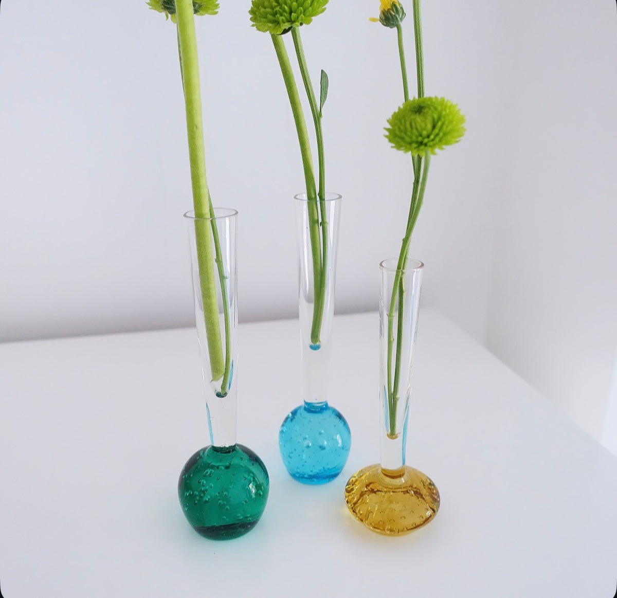 Set of three bubble glass bud vases (green, blue, yellow)