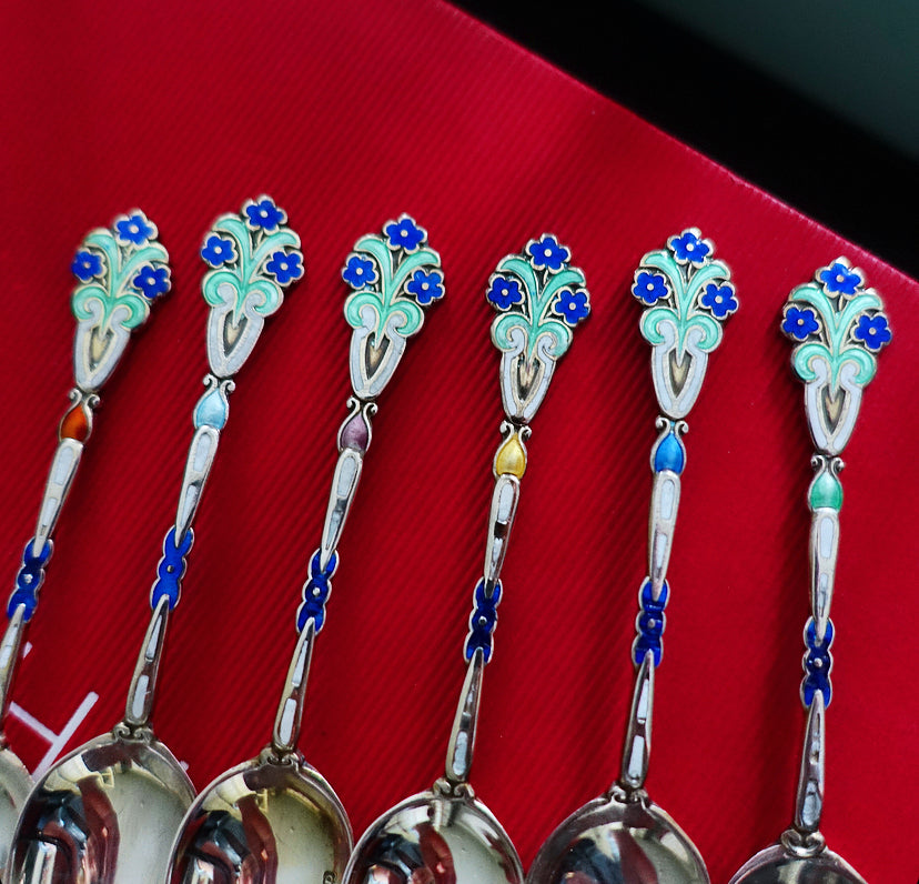 Art Deco silver & enamel flower spoons