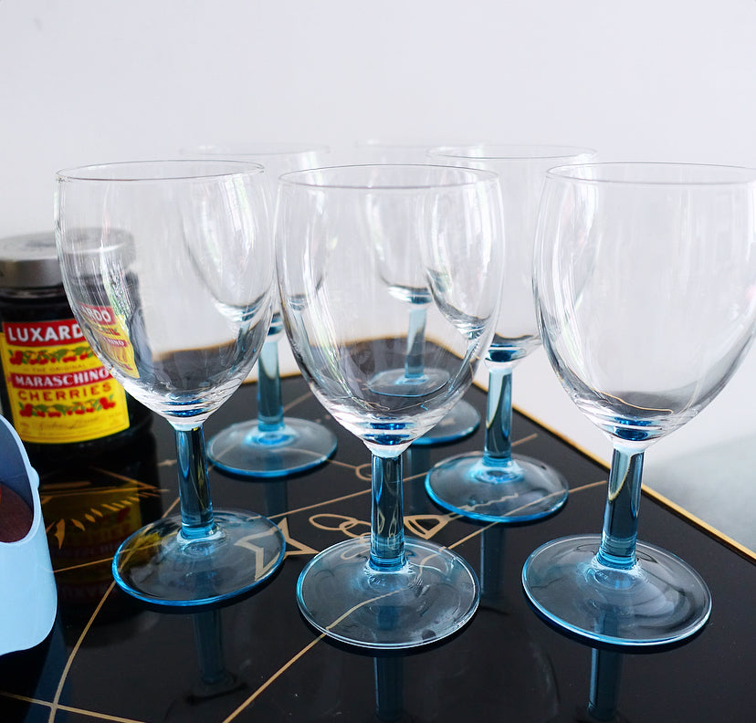 Set of six blue stem wine glasses