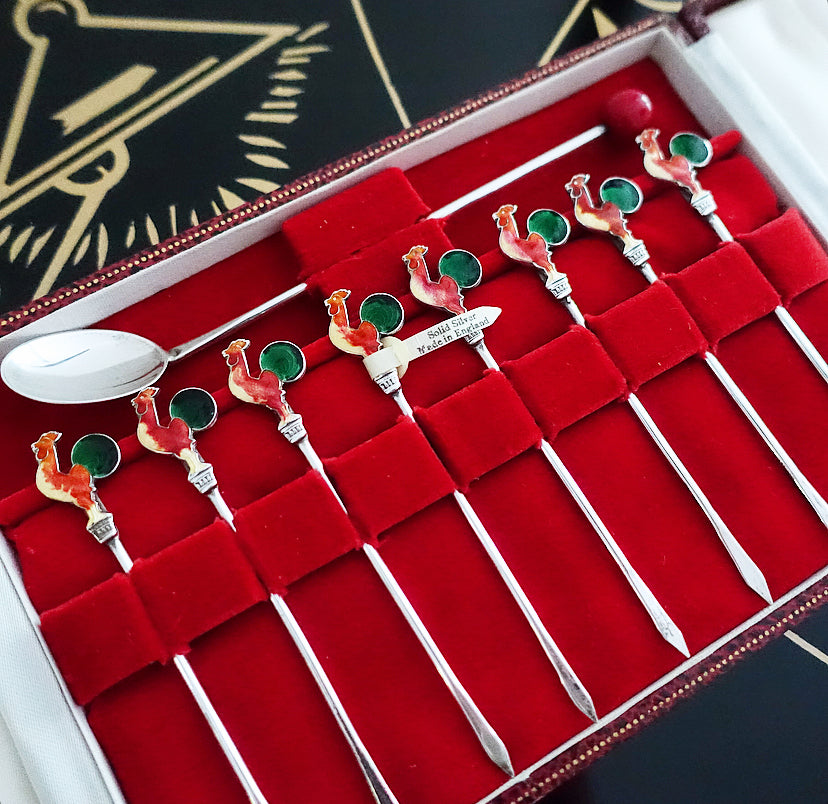 Silver & enamel cocktail stick set