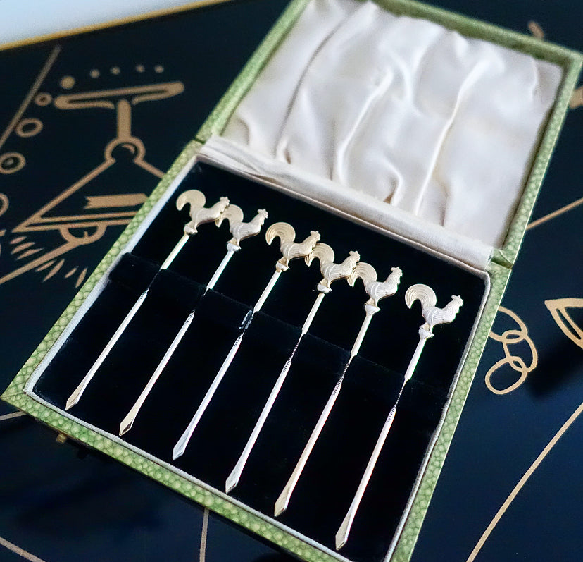 Set of six Art Deco Sterling silver cockerel cocktail sticks