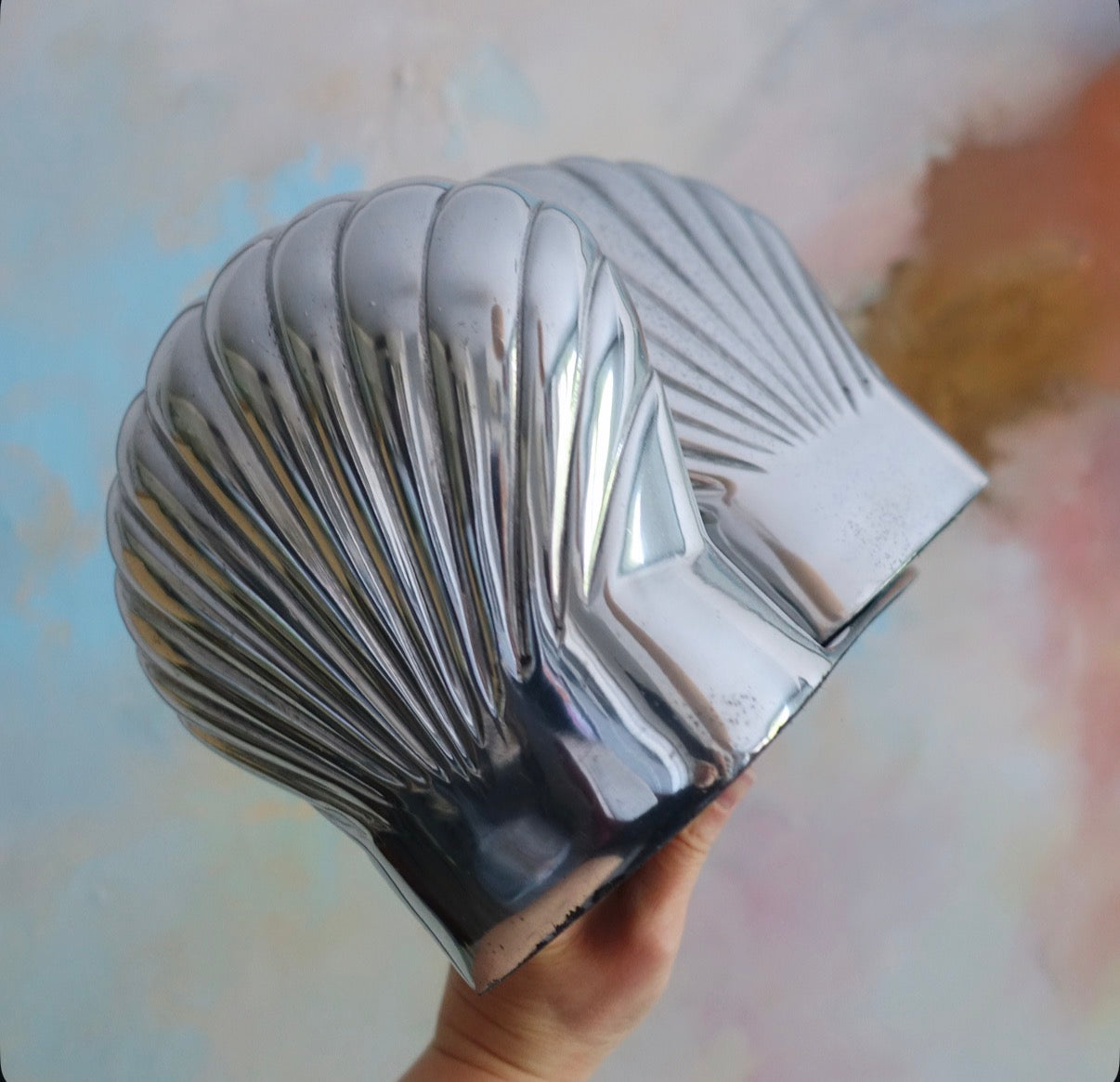 Pair of large aluminium scallop shell bookends