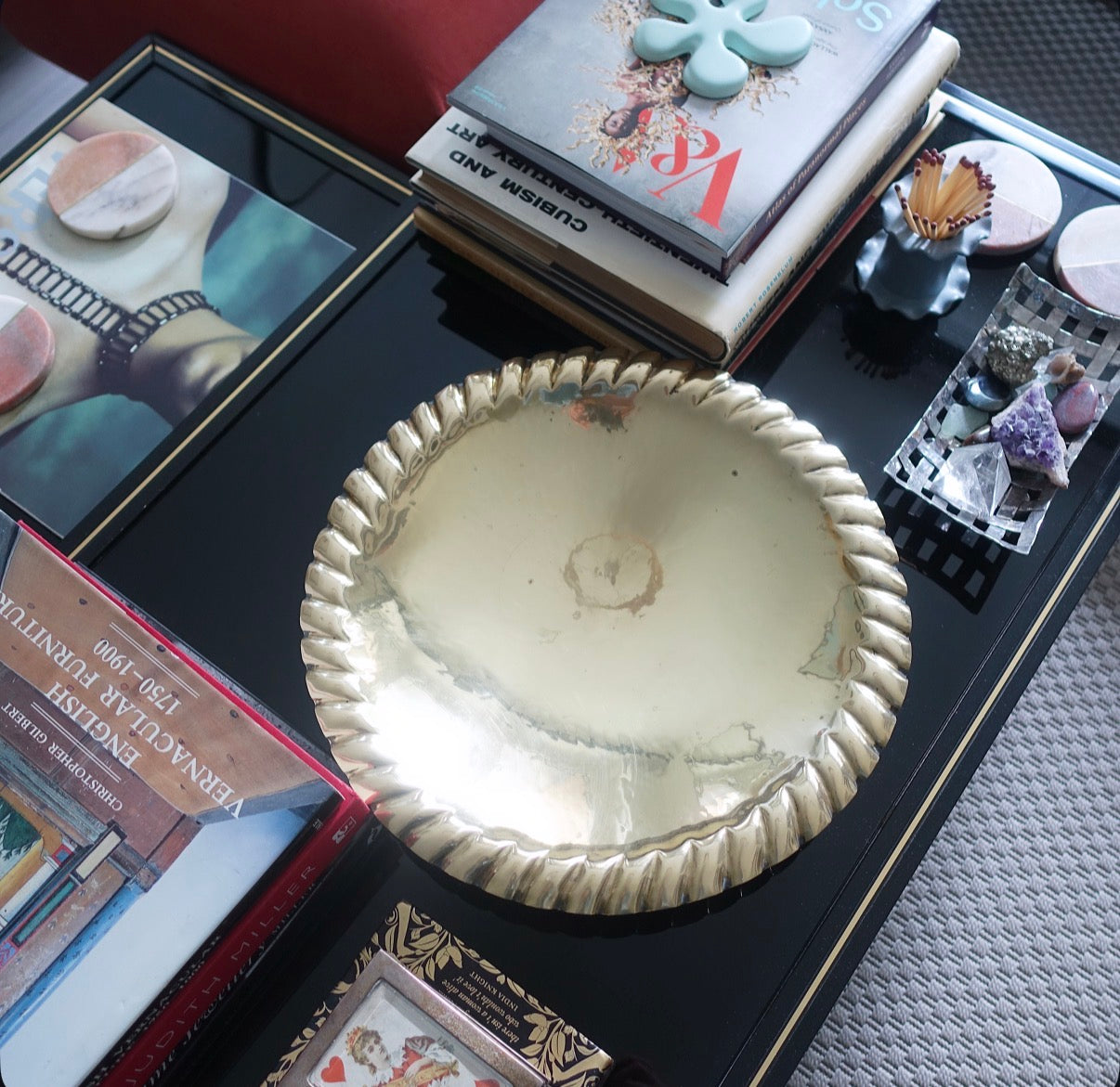 Large decorative brass bowl with ball feet