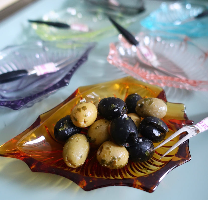 Mid-Century Glass Leaf Dish Set with Forks