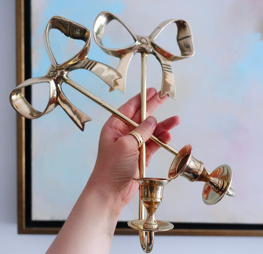 Pair of Hollywood Regency Brass Bow Candle Sconces