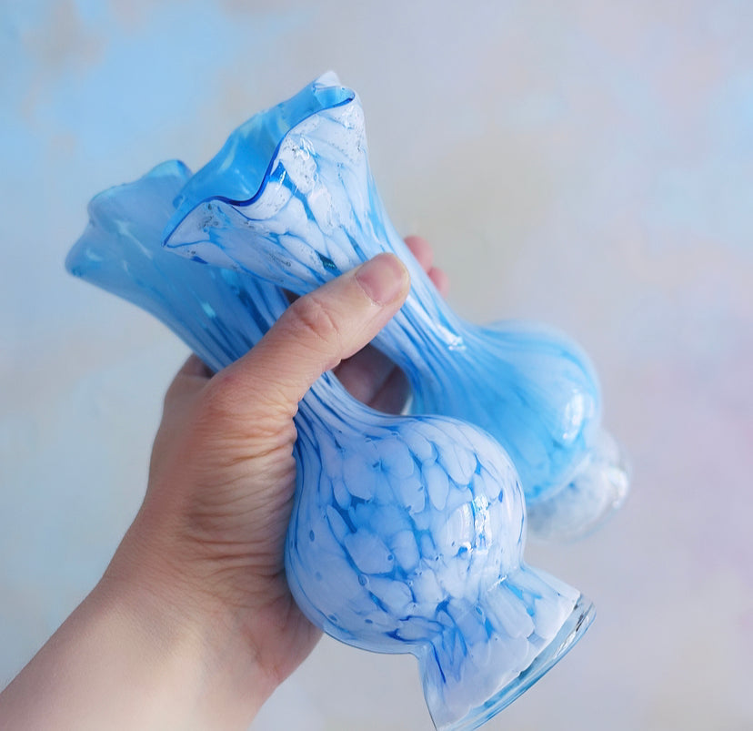 Pair of Blue & White Splatter Glass Vases