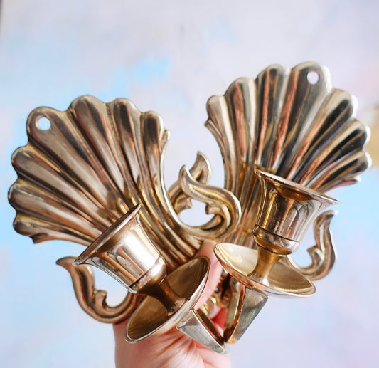 Pair of Brass Scallop Shell Candle Sconces