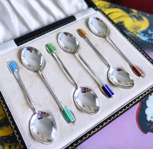 Silver Hallmarked & Rainbow Enamel Spoon Set