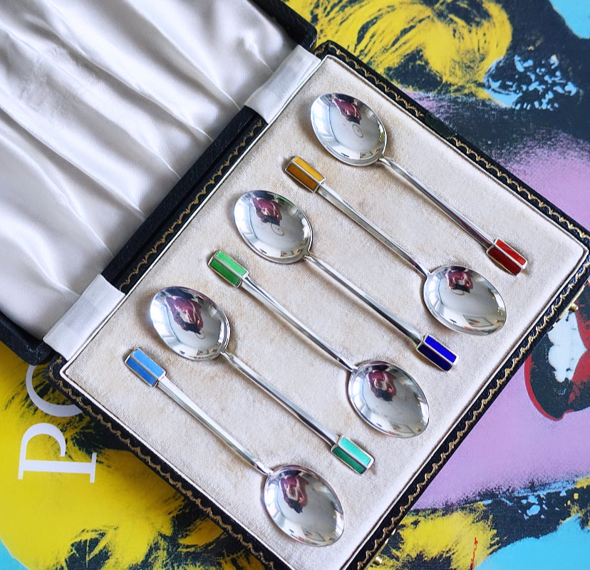 Silver Hallmarked & Rainbow Enamel Spoon Set