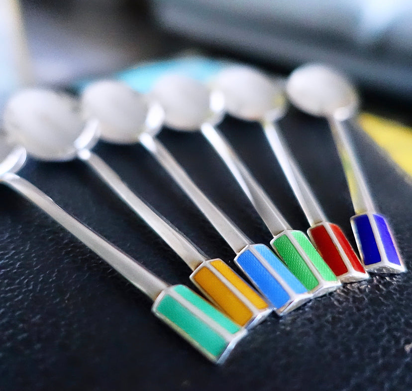 Silver Hallmarked & Rainbow Enamel Spoon Set